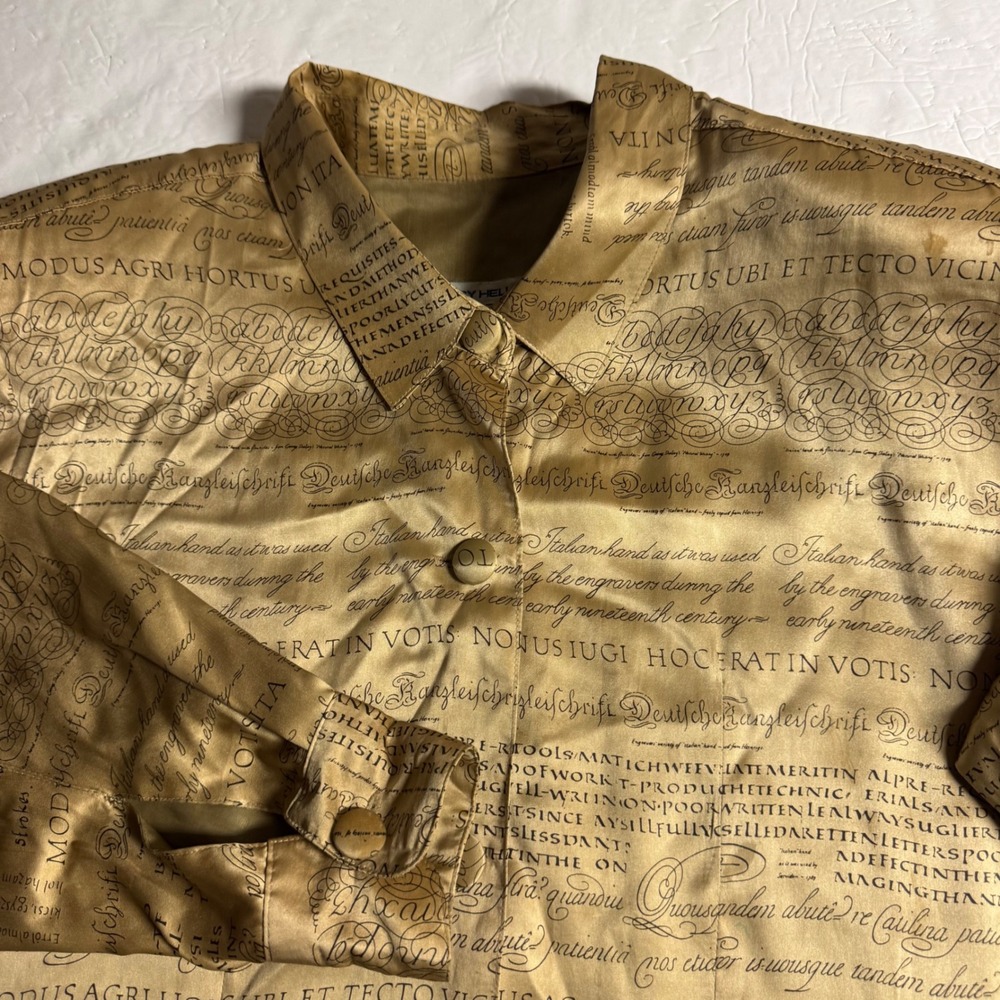 Nancy Heller Vintage Silk Calligraphy Script Print Bomber Jacket Gold Womens M